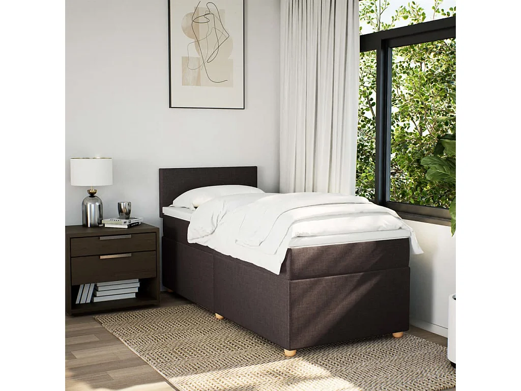 Cama box spring con colchón tela marrón oscuro 90x200 cm