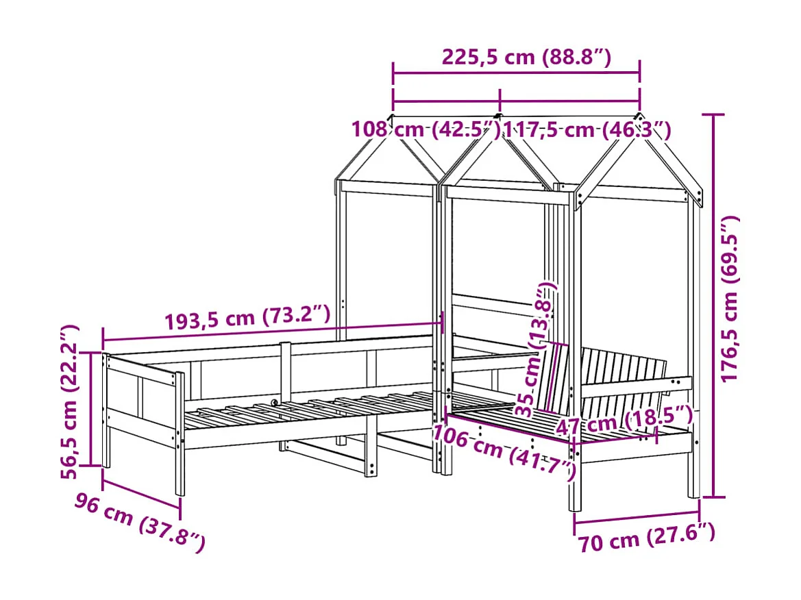 Conj. sofá-cama e banco c/ telhado 90x190cm pinho maciço branco
