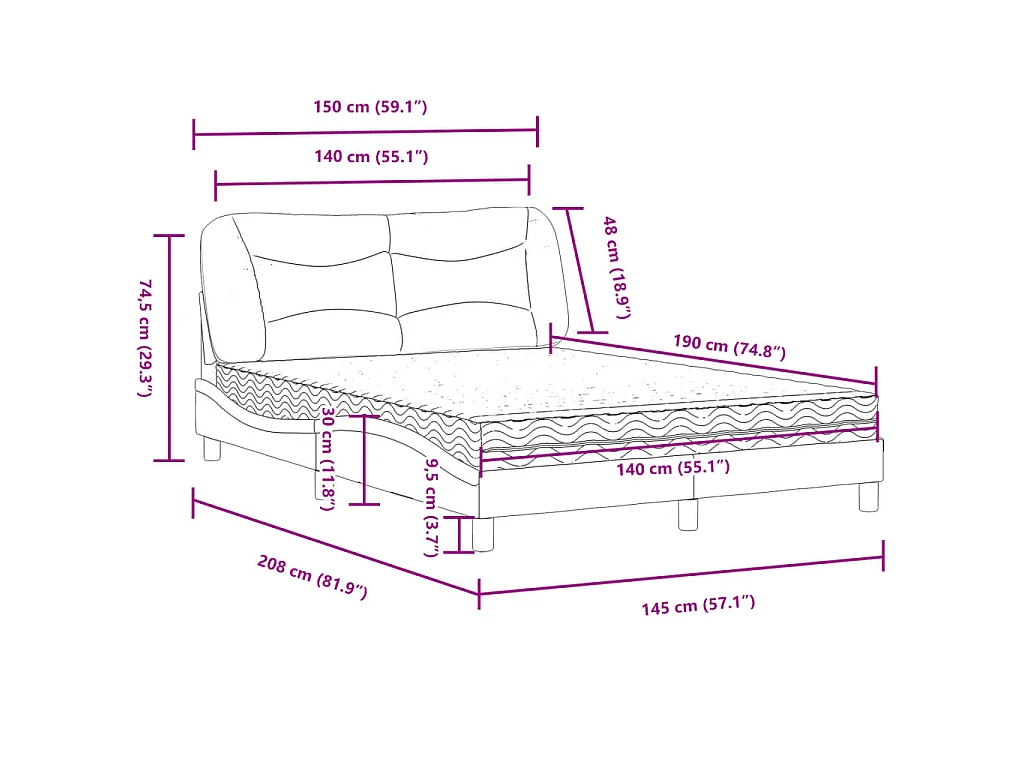 Bett mit Matratze "Hvar" Blau 140x190 cm Stoff