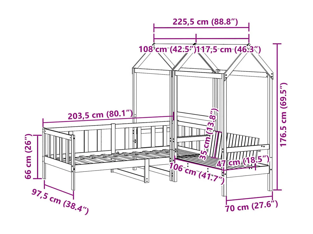 Set Dormeuse e Panca con Tetto 90x200cm Legno Massello di Pino