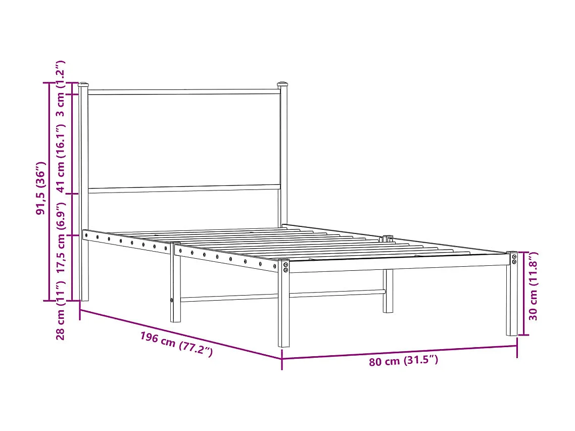 Cadre de lit en métal sans matelas chêne fumé 75x190 cm