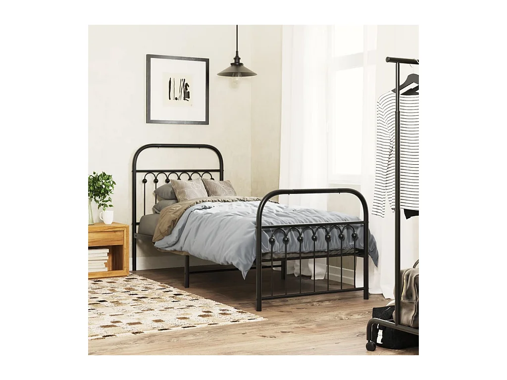 Cadre de lit métal sans matelas avec pied de lit noir 75x190 cm
