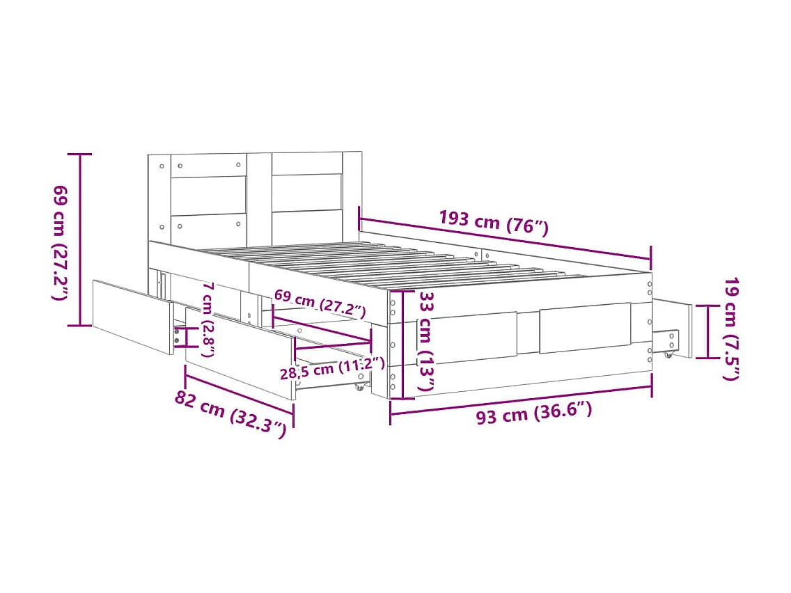 Cadre de lit avec tête de lit sans matelas gris béton 90x190 cm