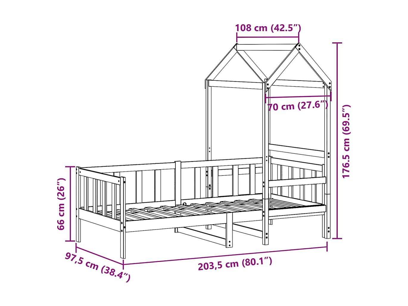 Lit de jour avec toit sans matelas 90x200 cm bois massif