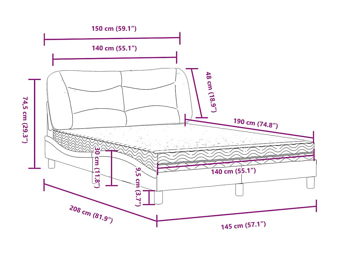 Lit avec matelas Hvar crème 140x190 cm tissu