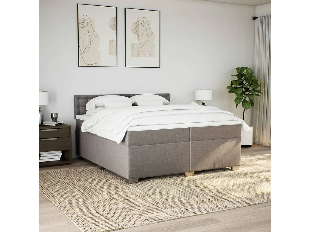 Cama box spring con colchón tela gris taupe 200x200 cm