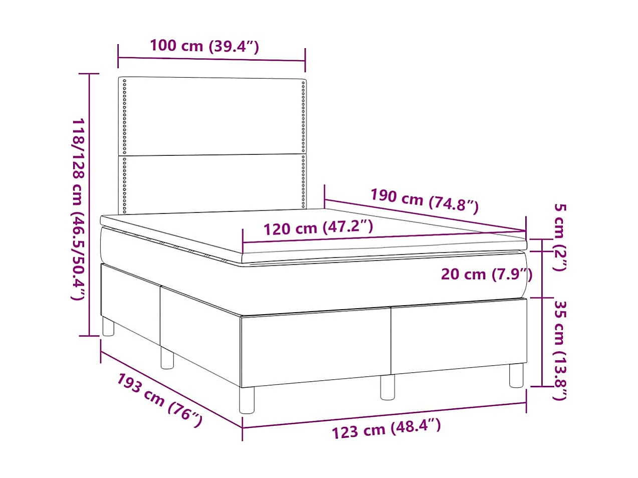Cama box spring c/ colchão e LED 120x190 cm tecido cor creme