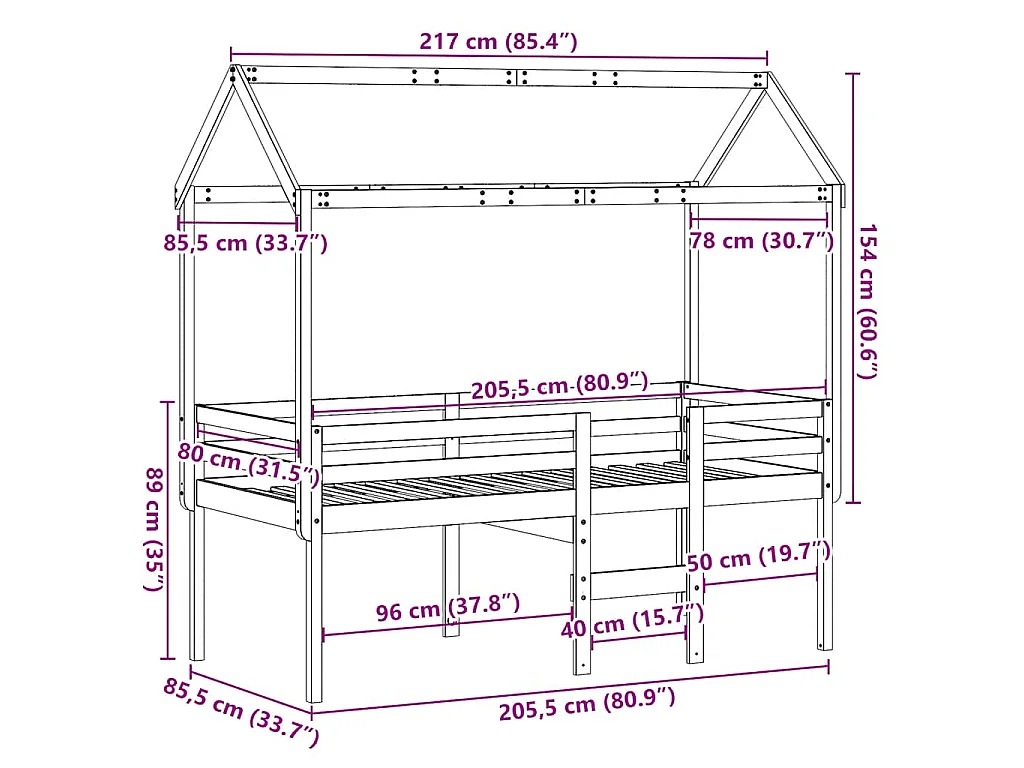 Hoogslaper met bedhuis massief grenenhout 80x200 cm