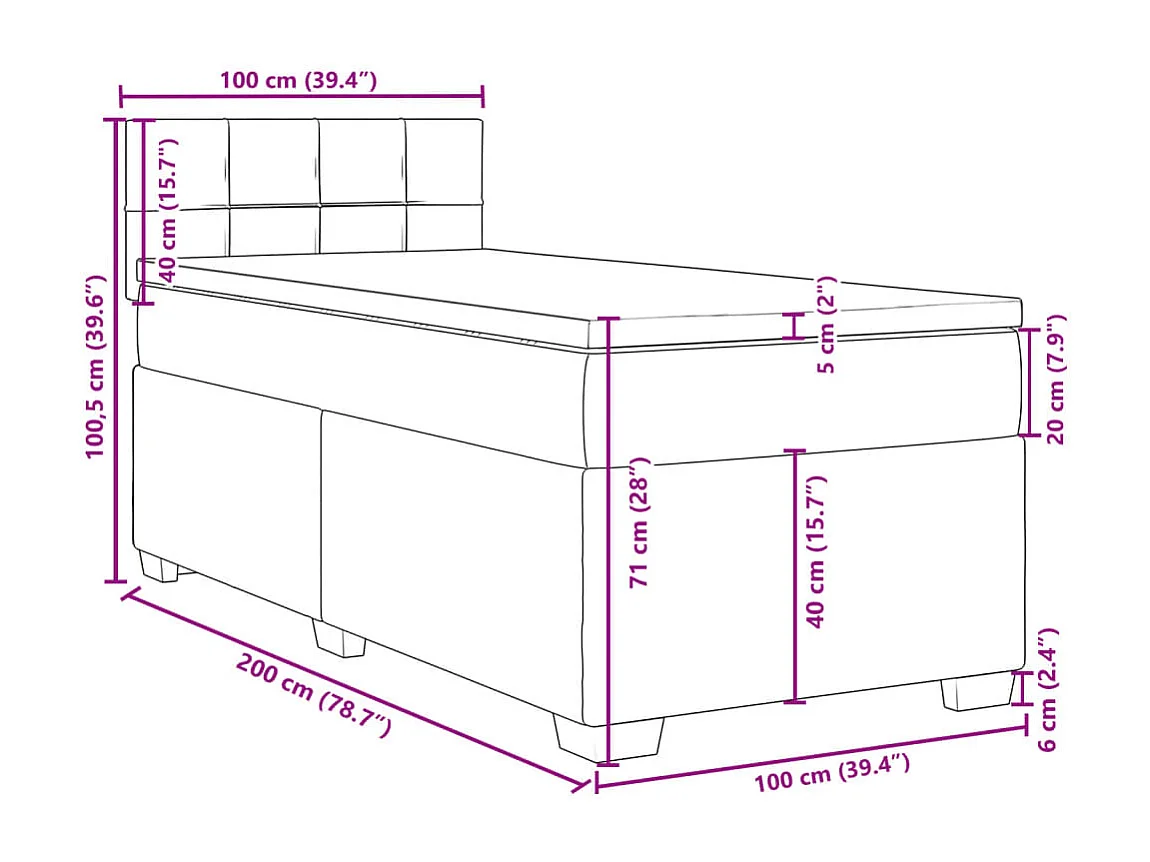 Cama box spring con colchón tela gris claro 100x200 cm