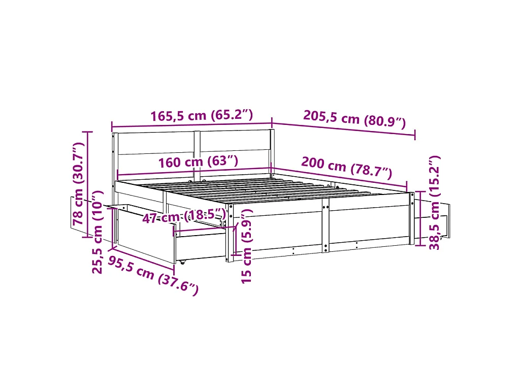 Bedframe zonder matras massief grenenhout wit 160x200 cm