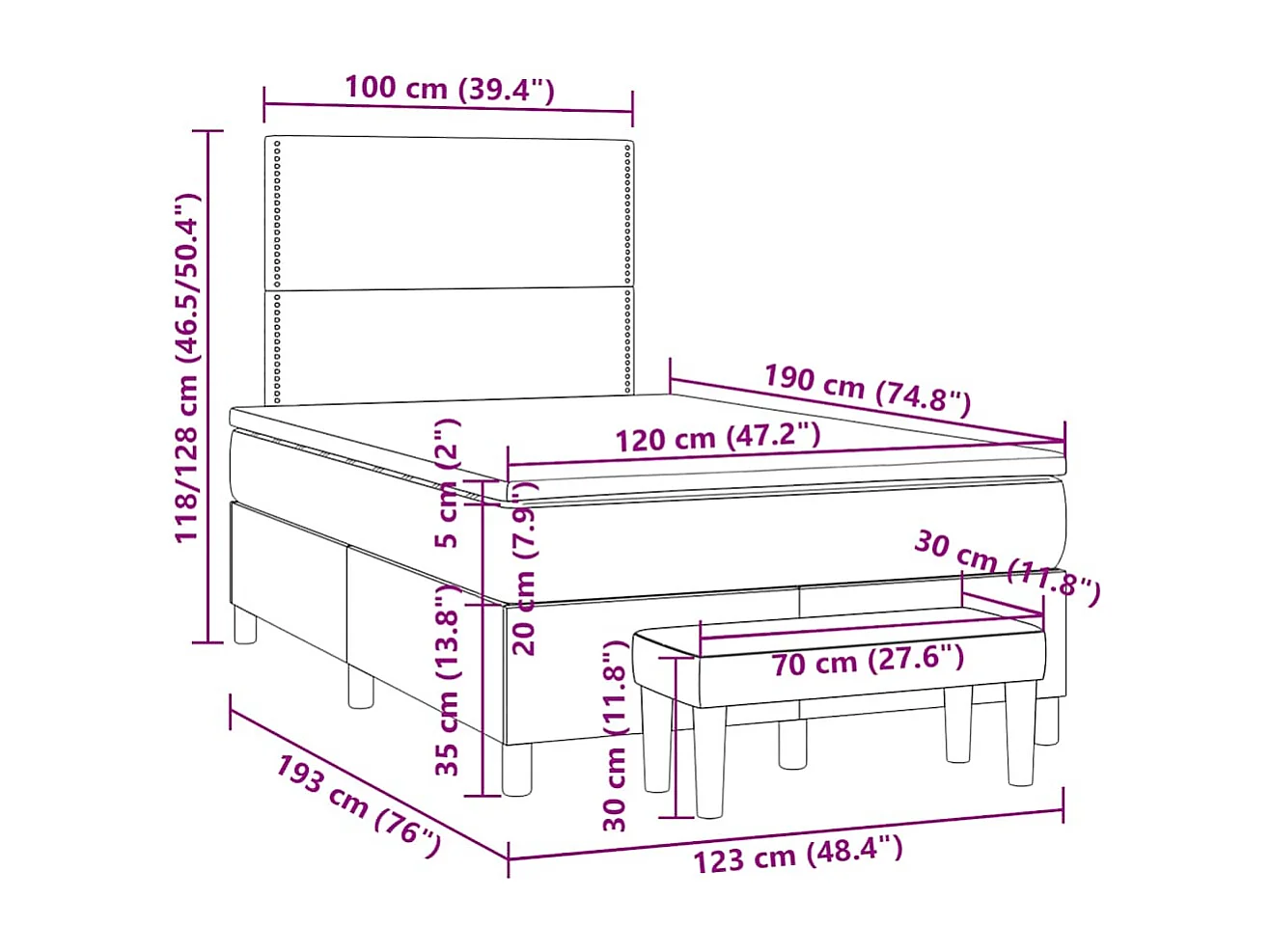 Giroletto a Molle con Materasso Marrone Scuro 120x190cm Tessuto