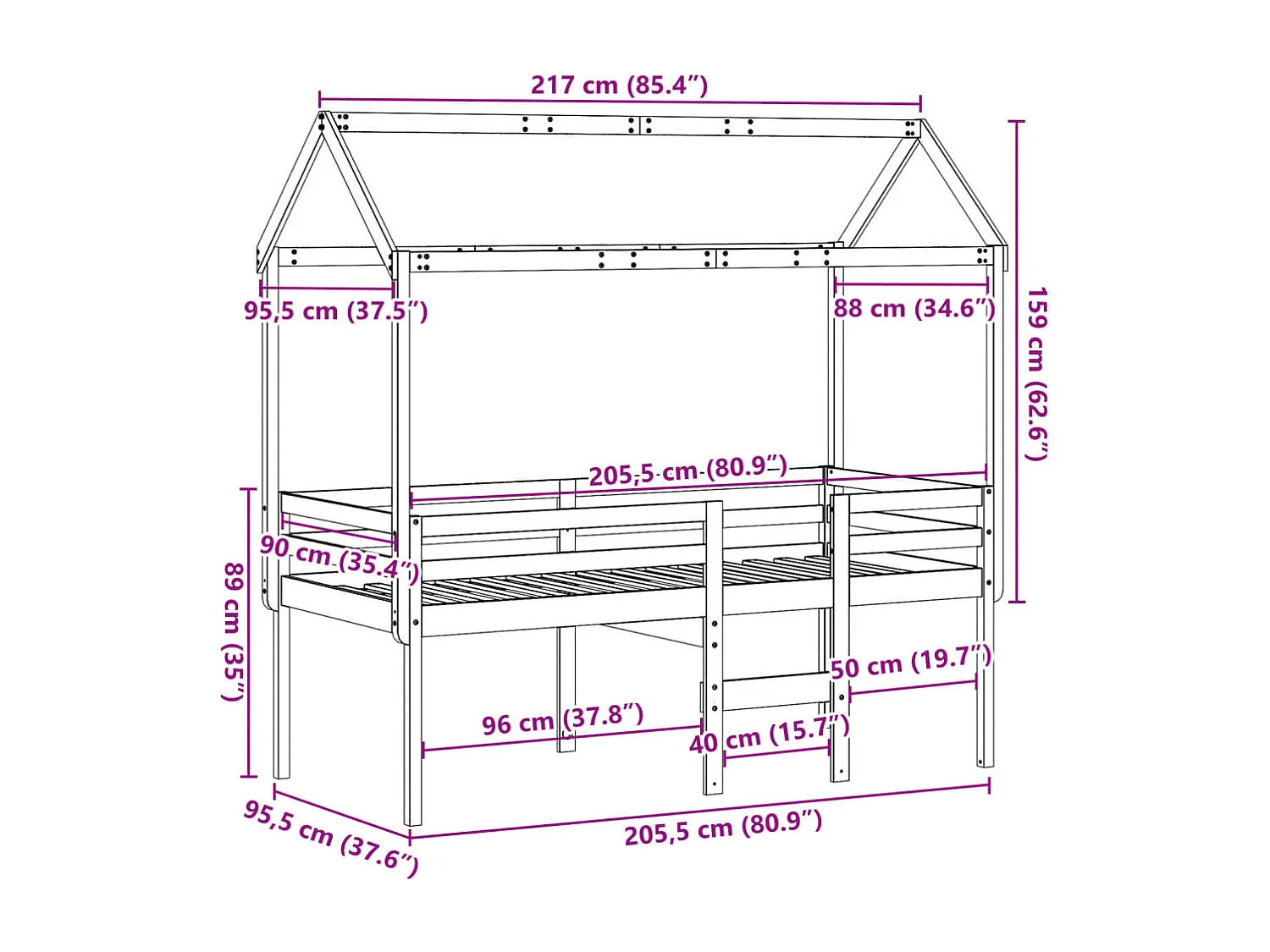 Lit haut sans matelas blanc 90x200 cm bois de pin massif