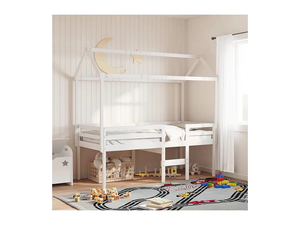 Letto a Soppalco con Tetto Bianco 90x200 cm in Legno di Pino