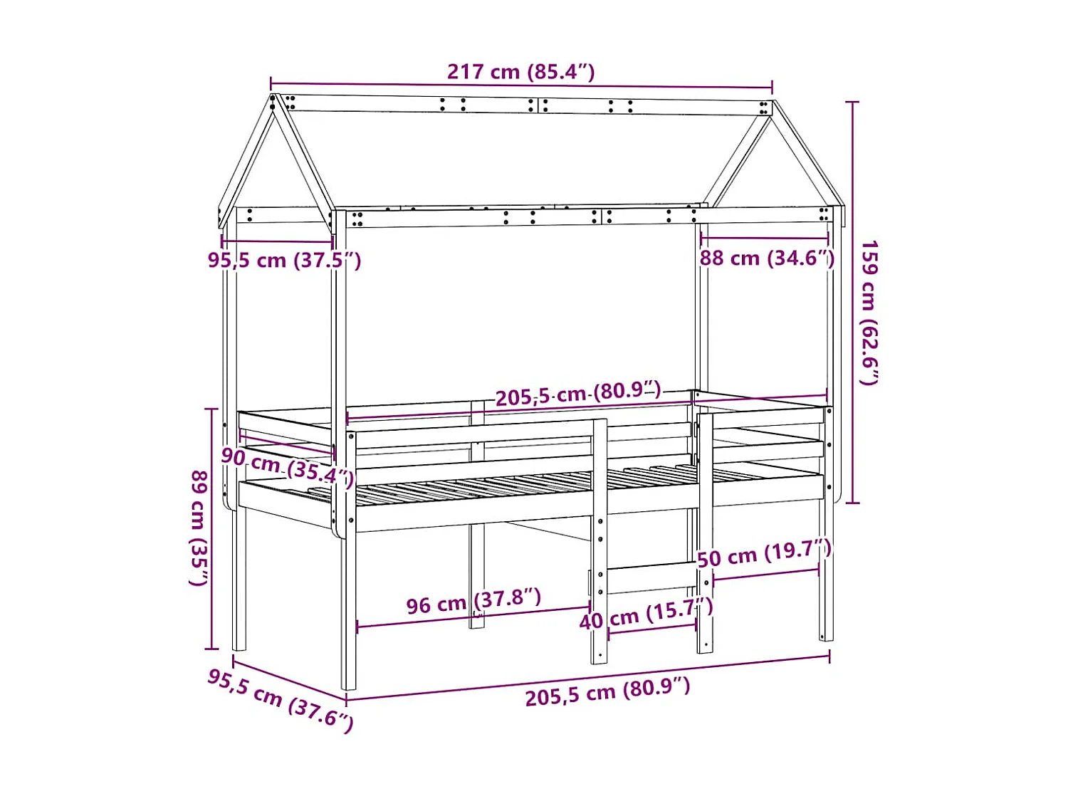 Lit haut sans matelas blanc 90x200 cm bois de pin massif