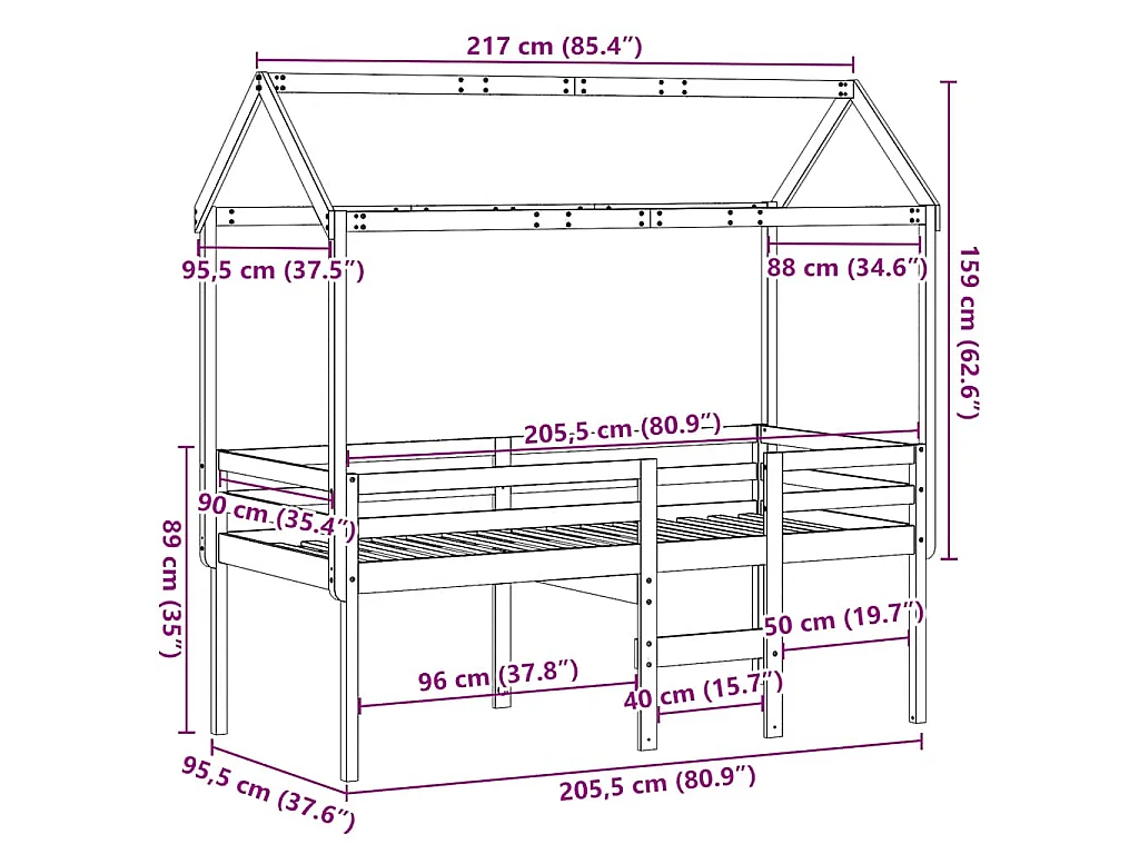 Hochbett mit Dach Weiß 90x200 cm Massivholz Kiefer