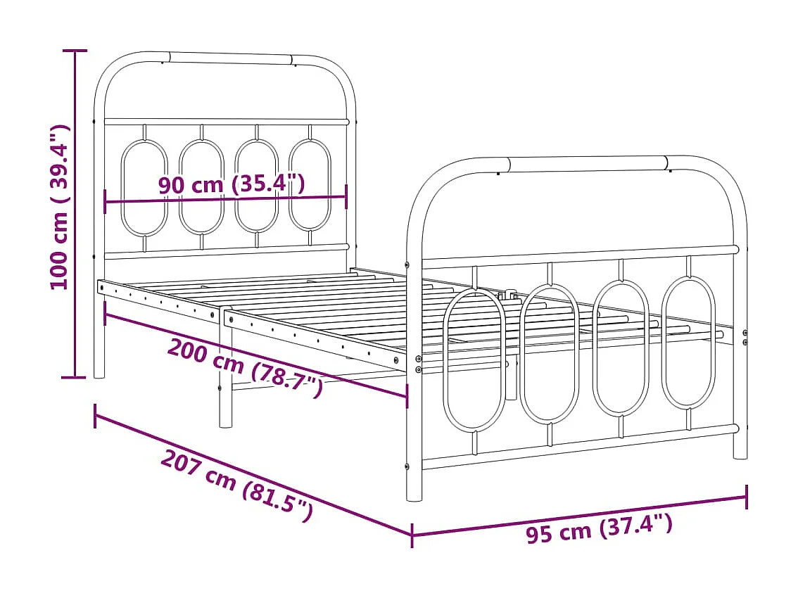 Cadre de lit métal sans matelas avec pied de lit blanc 90x200cm