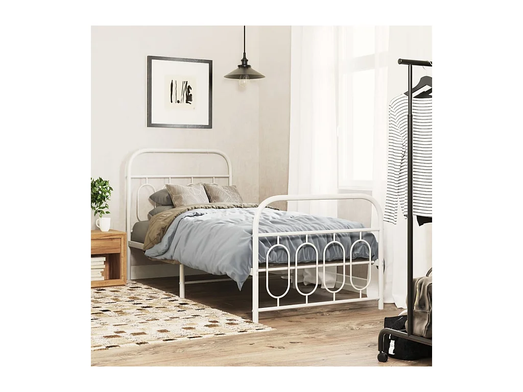 Cadre de lit métal sans matelas avec pied de lit blanc 90x200cm