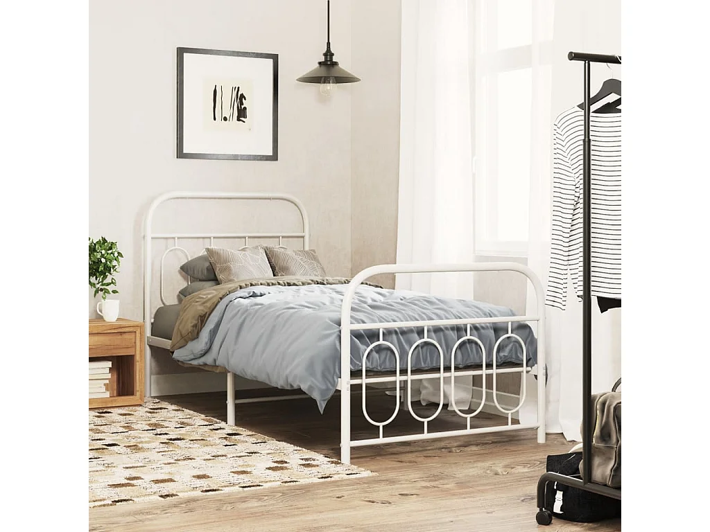 Cadre de lit métal sans matelas avec pied de lit blanc 90x200cm