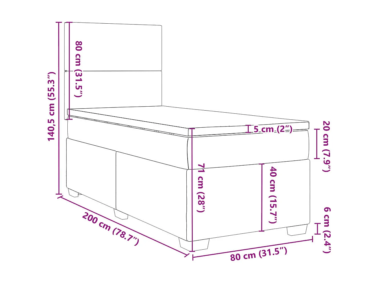 Cama box spring con colchón tela gris taupe 80x200 cm