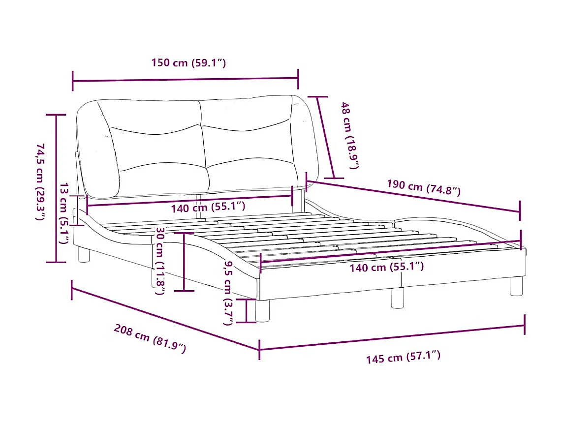Cadre de lit sans matelas Hvar bleu 140x190 cm tissu