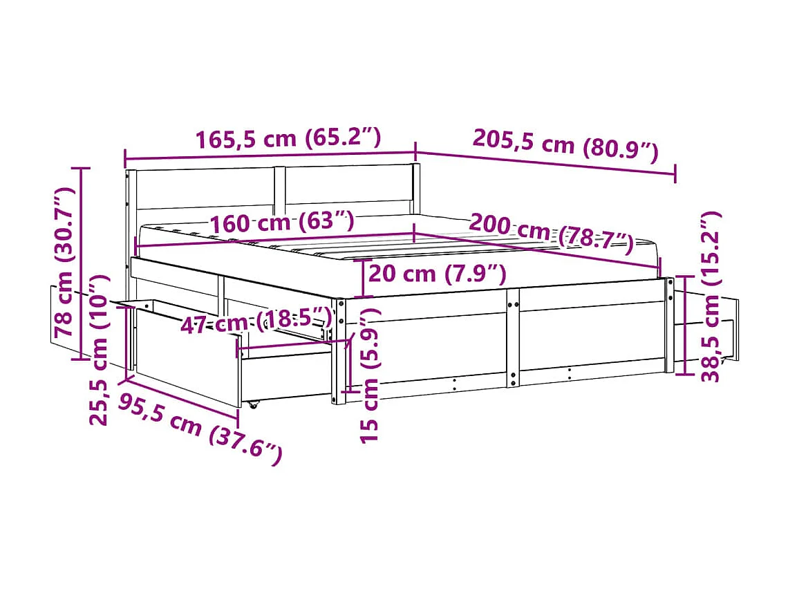 Lit avec tiroirs et matelas 160x200 cm bois de pin massif
