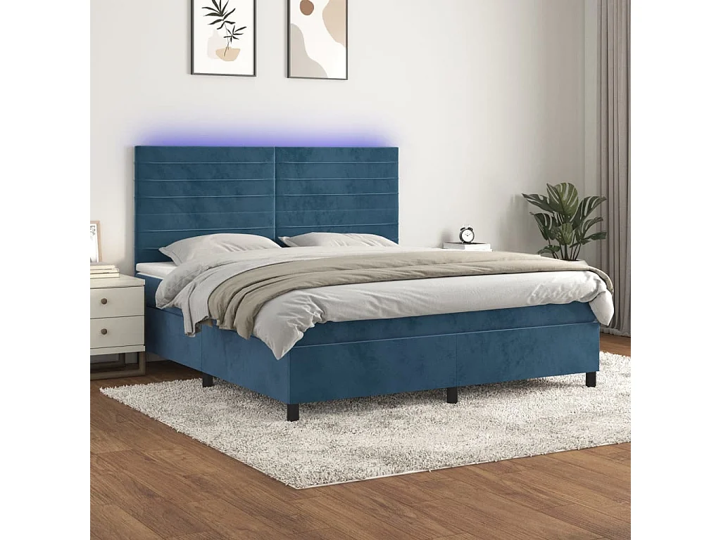Cama box spring c/ colchão/LED 180x200 cm veludo azul-escuro