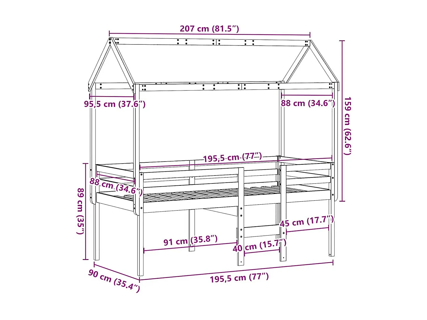 Lit haut sans matelas 90x190 cm bois de pin massif