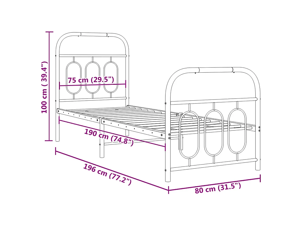 Giroletto con Testiera e Pediera Metallo Nero 75x190 cm