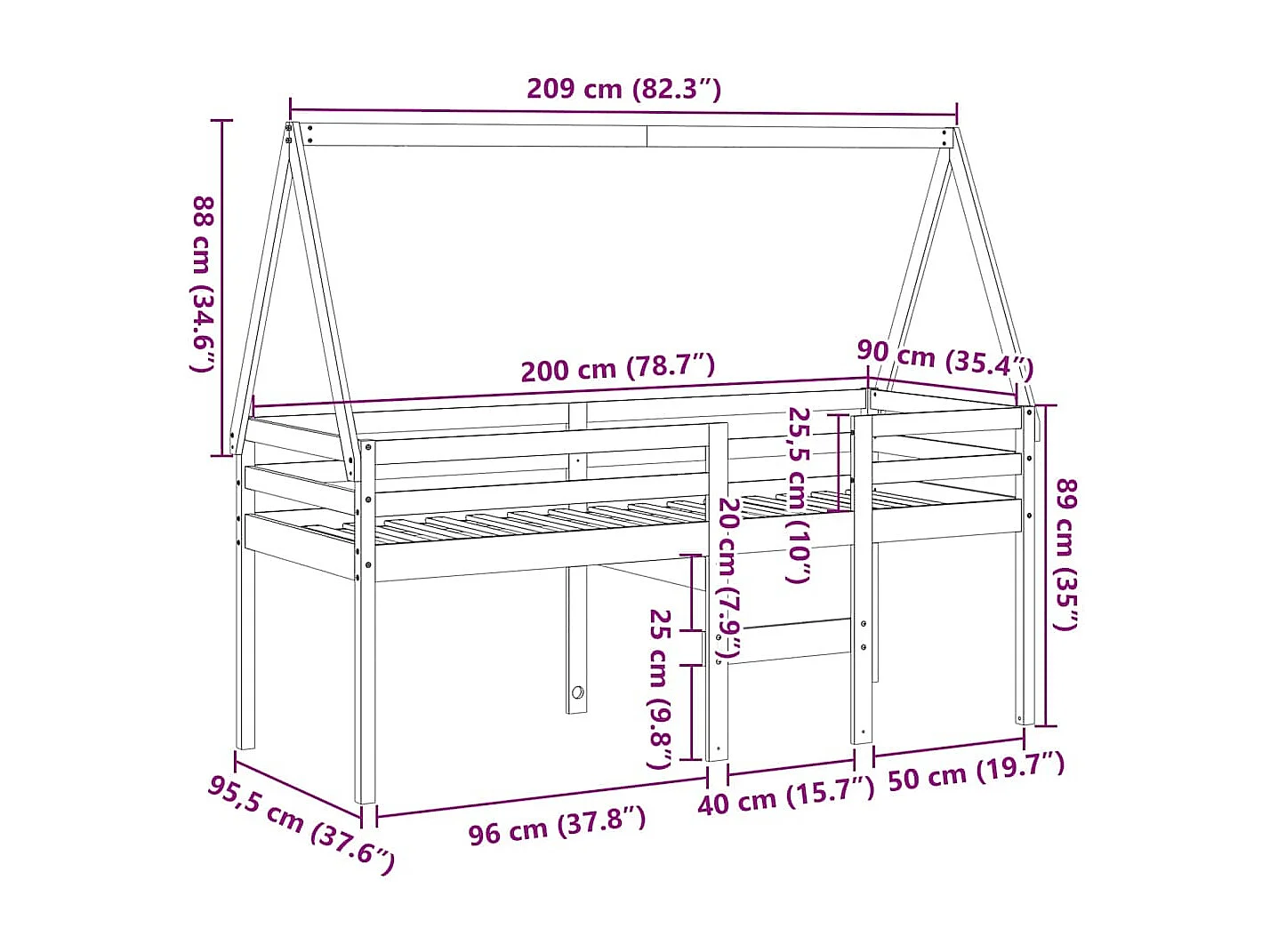 Hochbett mit Dach Weiß 80x200 cm Massivholz Kiefer