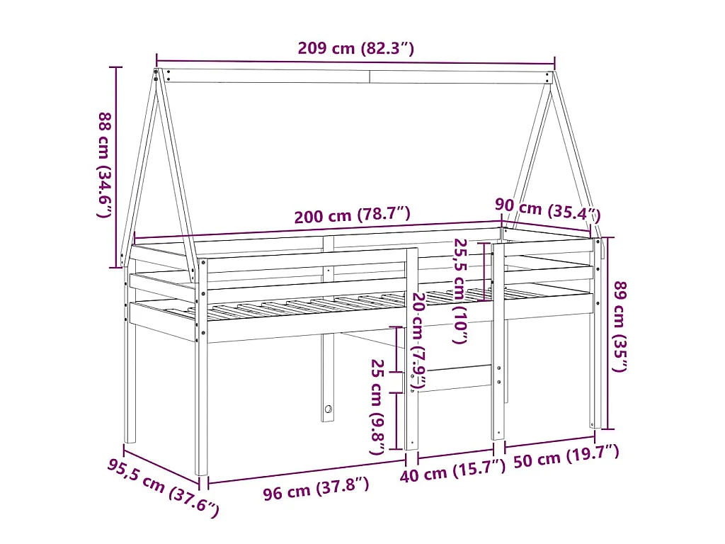 Hochbett mit Dach Weiß 80x200 cm Massivholz Kiefer