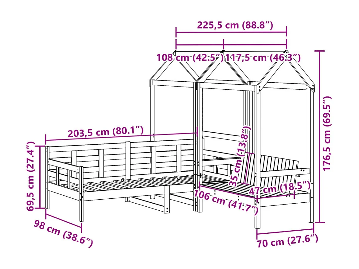 Kinderbed met huisje en bankje massief grenenhout 90x200 cm