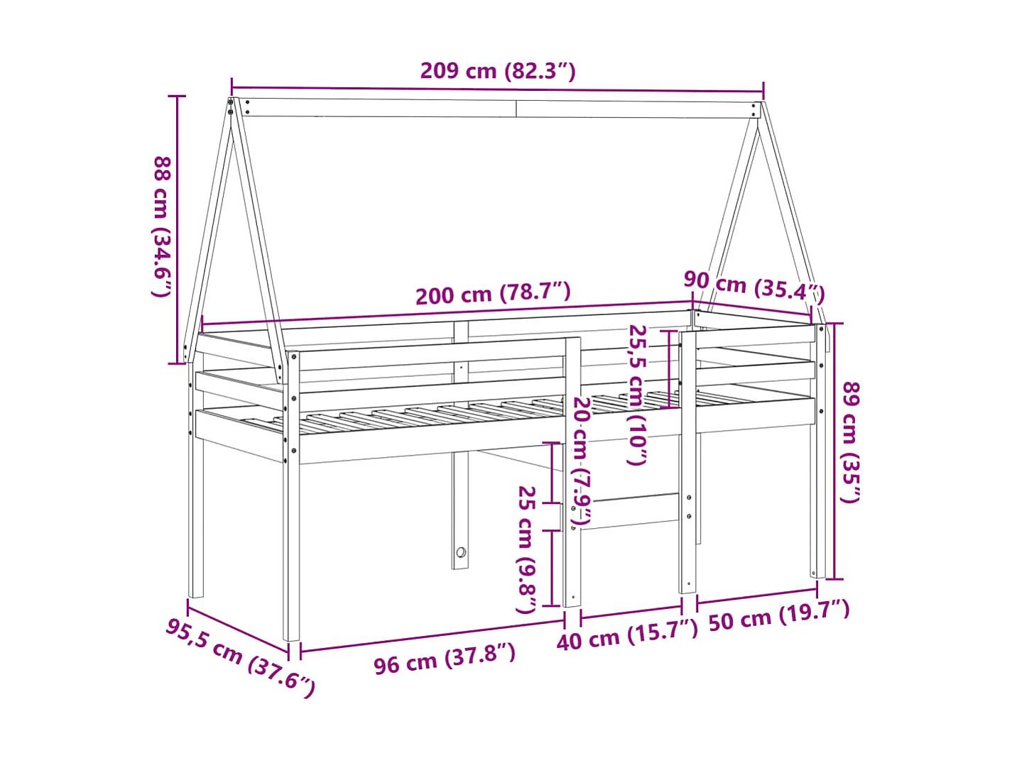 Hochbett mit Dach Wachsbraun 90x200 cm Massivholz Kiefer