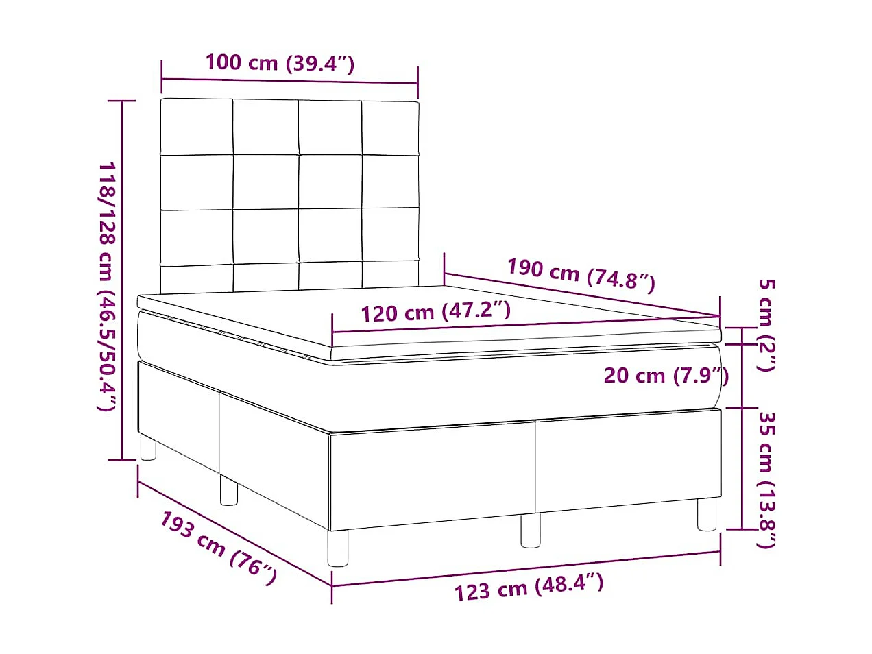 Sommier à lattes de lit matelas et LED marron foncé 120x190 cm
