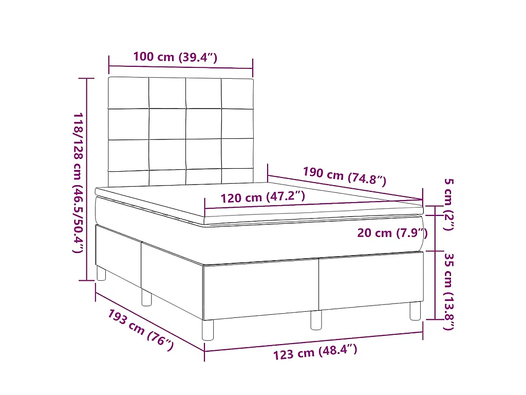 Sommier à lattes de lit matelas et LED marron foncé 120x190 cm