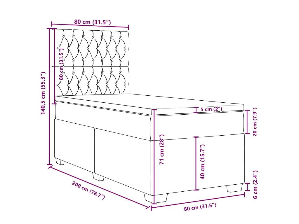 Cama box spring con colchón tela marrón oscuro 80x200 cm