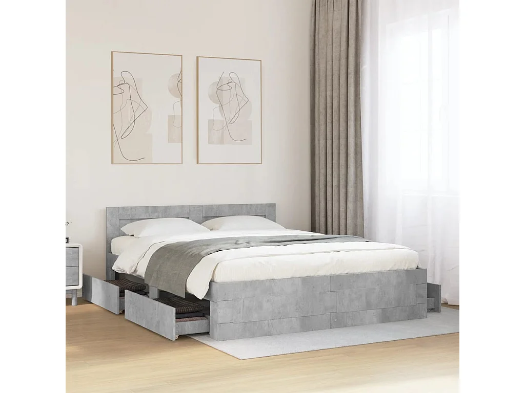 Cadre de lit et tête de lit sans matelas gris béton 160x200 cm