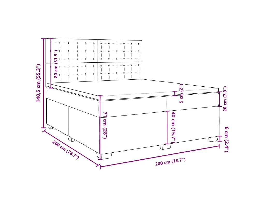 Cama box spring con colchón tela azul 200x200 cm