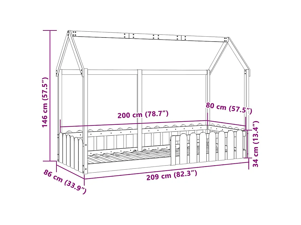 Cadre de lit d'enfants forme de maison sans matelas pin massif