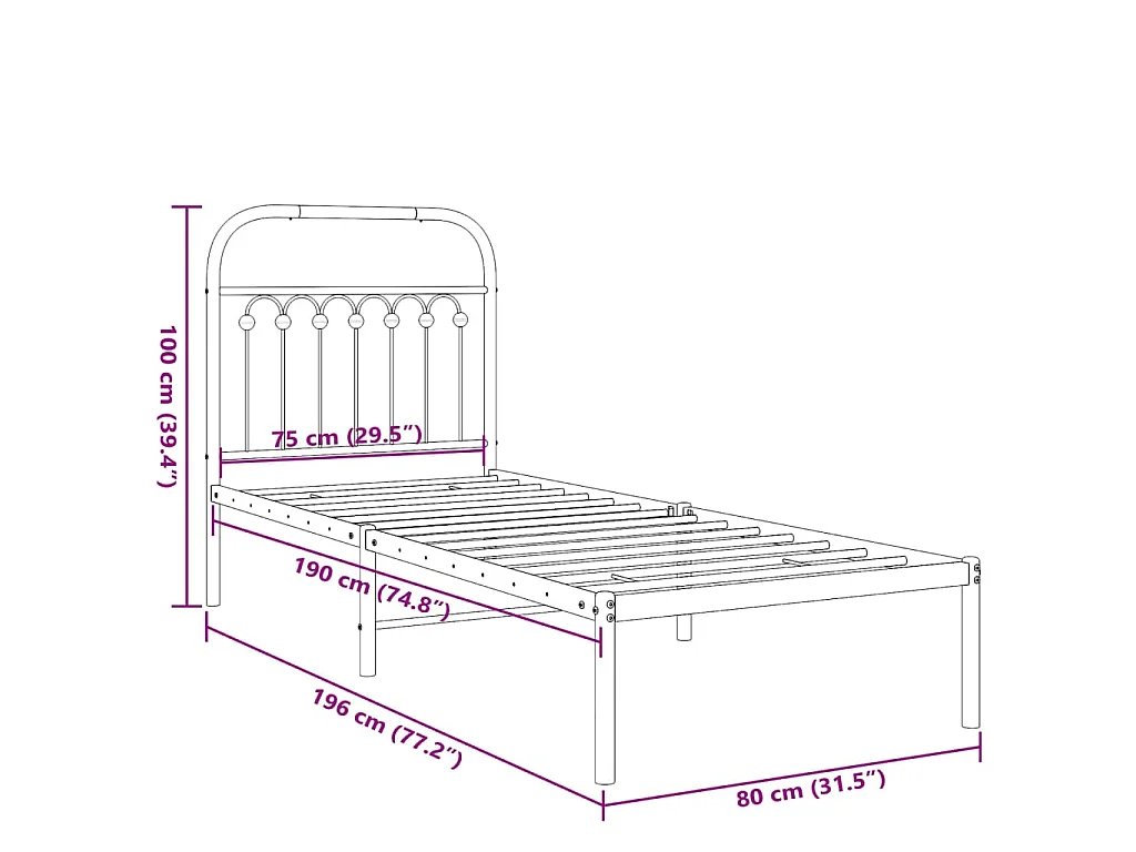 Cadre de lit métal sans matelas avec tête de lit blanc 75x190cm
