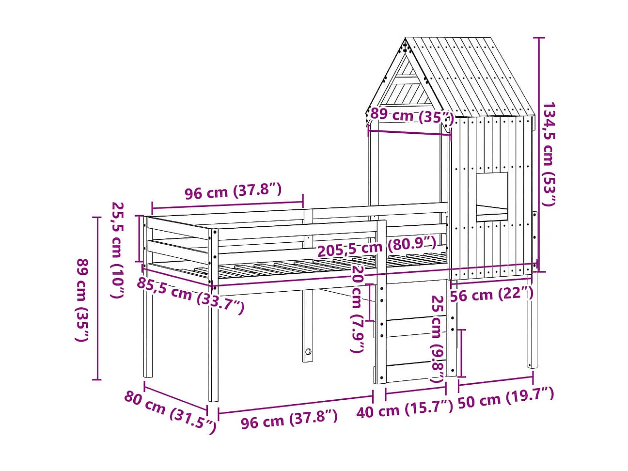 Hoogslaper met bedhuis massief grenenhout 80x200 cm