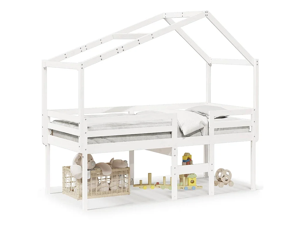 Letto a Soppalco con Tetto Bianco 80x200 cm in Legno di Pino