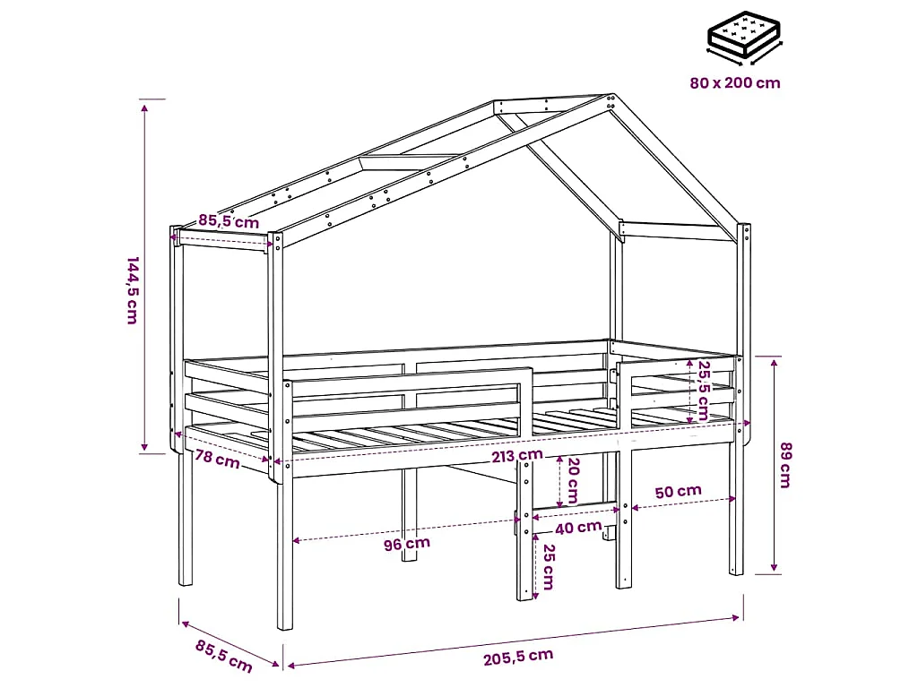 Letto a Soppalco con Tetto Bianco 80x200 cm in Legno di Pino