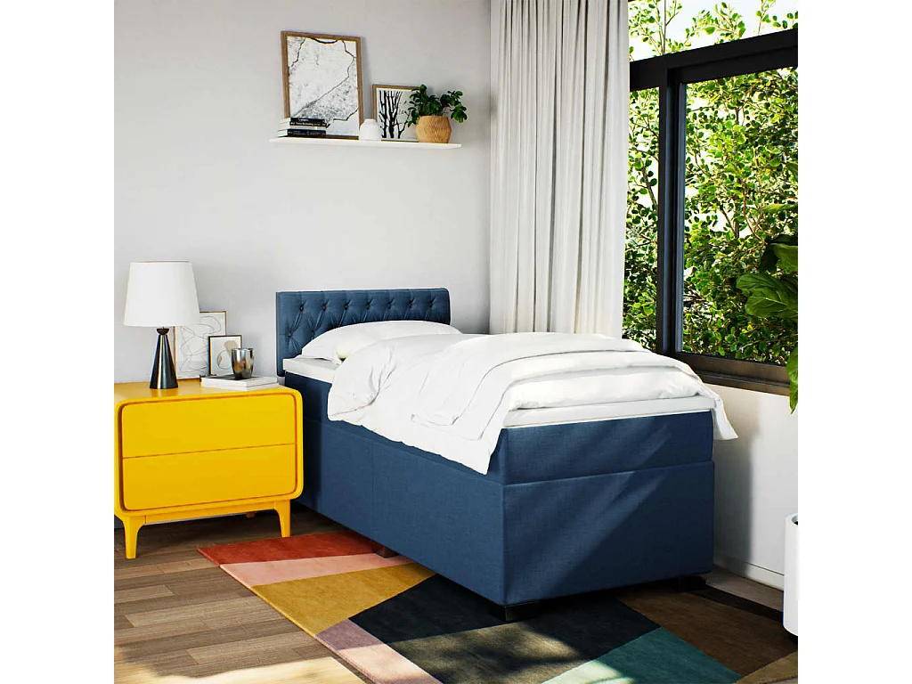 Cama box spring con colchón tela azul 80x200 cm