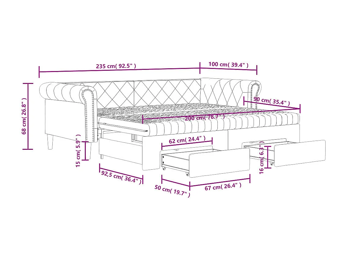 Tagesbett Ausziehbar mit Schubladen Braun 90x200 cm Kunstleder
