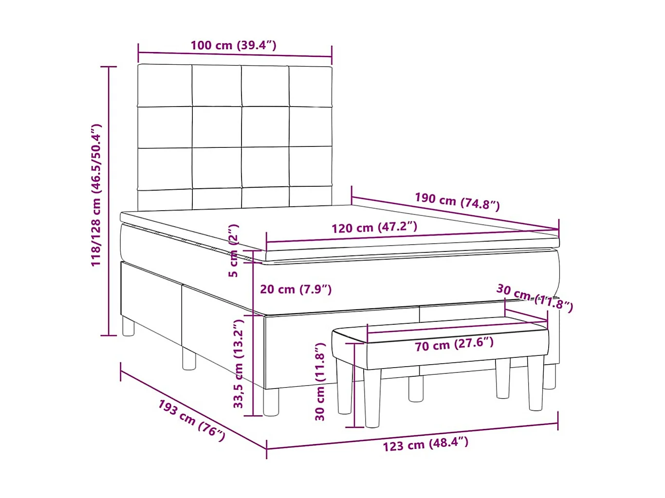 Cama boxspring com colchão 120x190 cm veludo preto