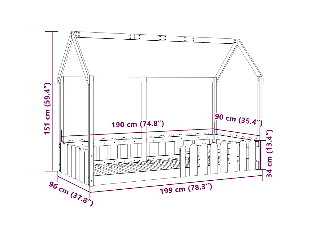 Cadre de lit d'enfants forme de maison sans matelas 90x190 cm