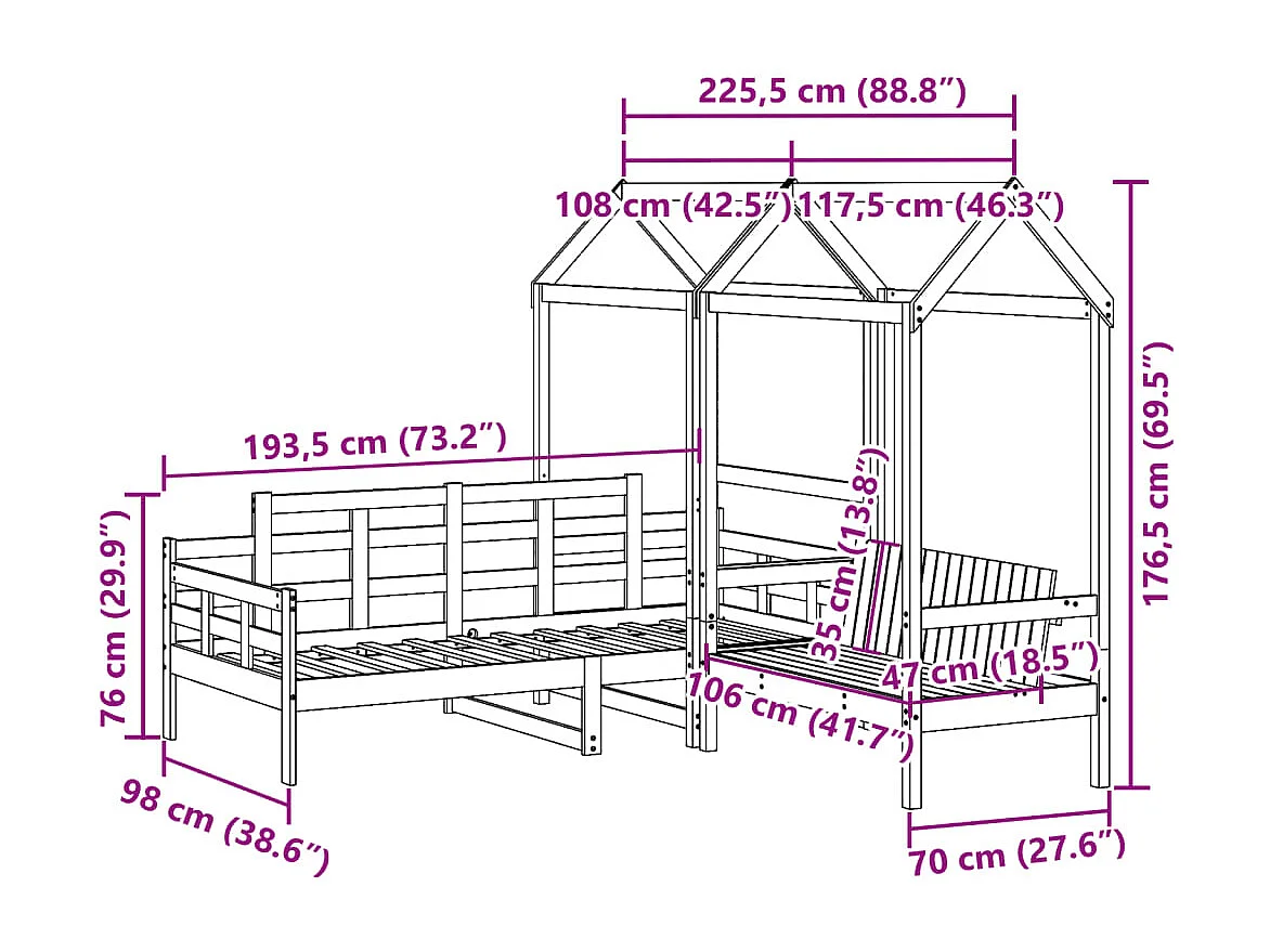 Ensemble de lit de jour et de banc avec toit sans matelas