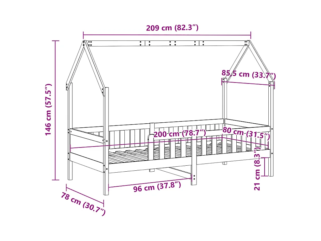 Giroletto Casetta per Bambini 80x200 cm Legno Massello di Pino