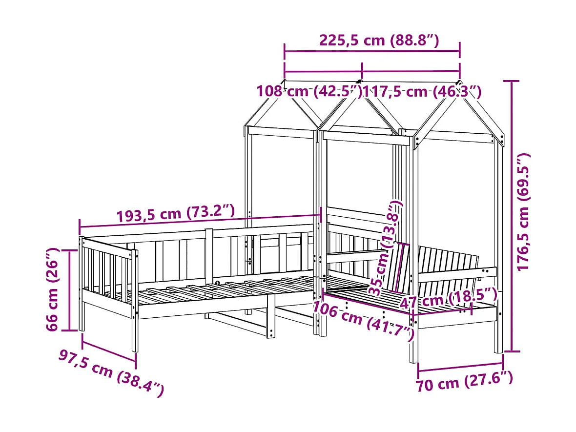 Ensemble de lit de jour et de banc avec toit sans matelas
