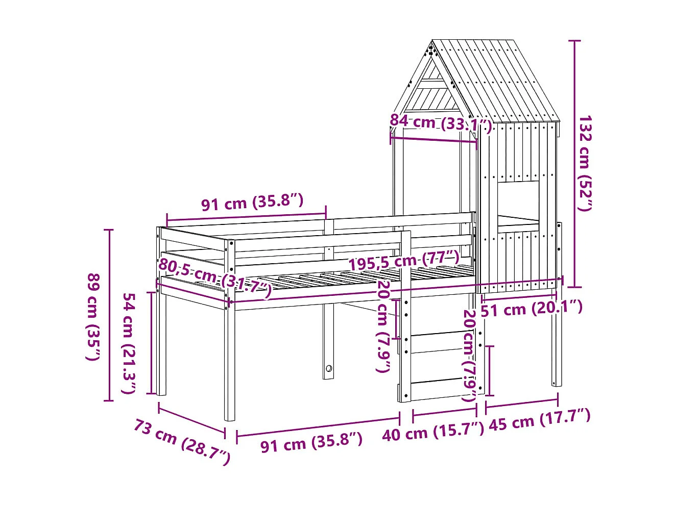 Hoogslaper met dak massief grenenhout wasbruin 75x190 cm